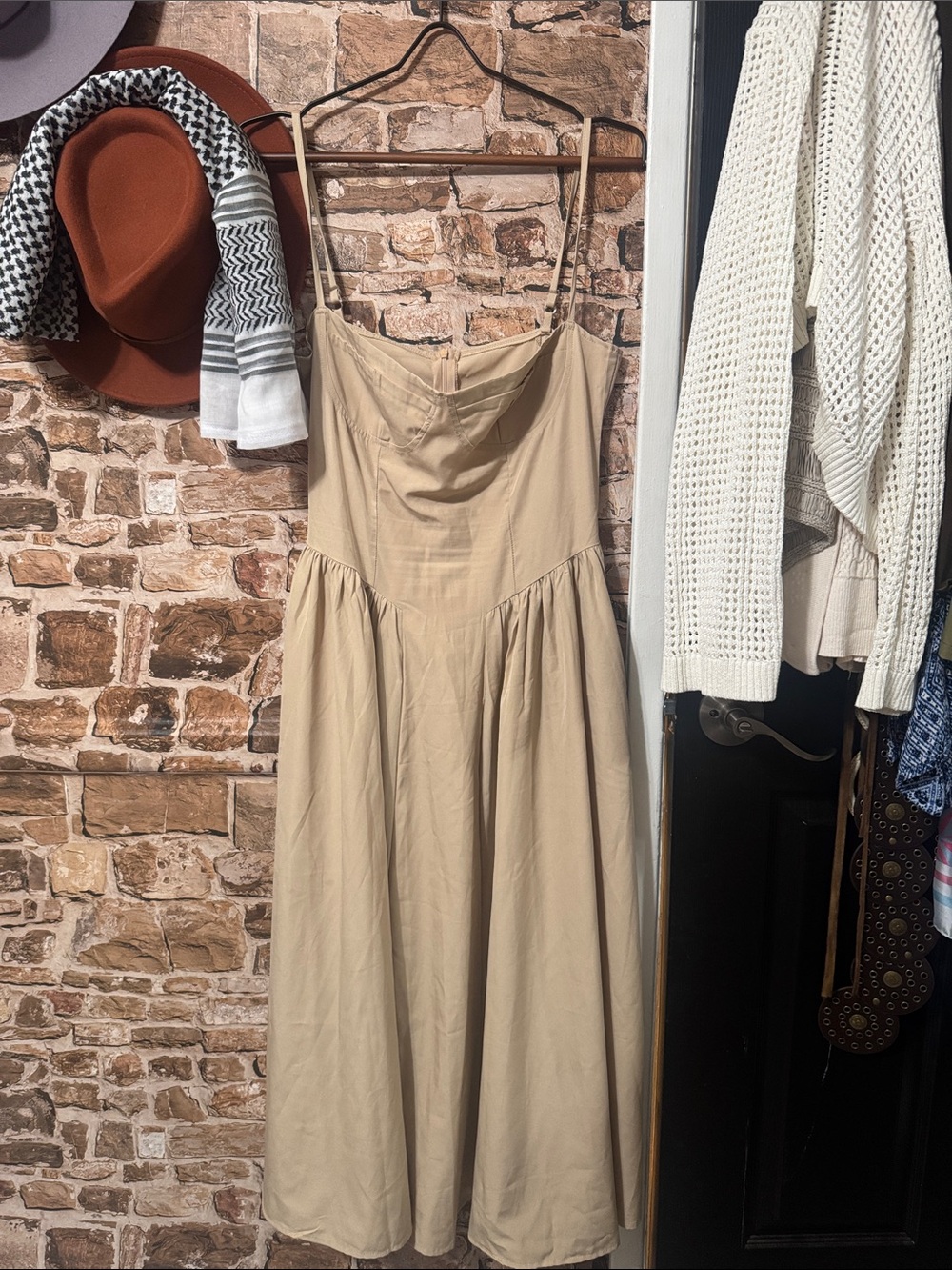Classic Beige Midi Sundress with Spaghetti Straps